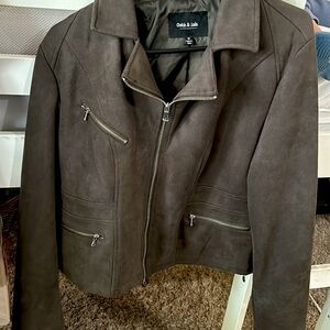 Olive Green soft faux leather zip up jacket, size M.